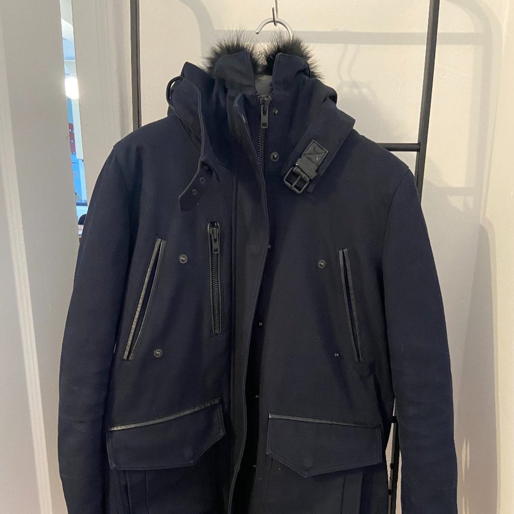 The Kooples dark navy, raccoon fur lined, cotton twill parka (size M)